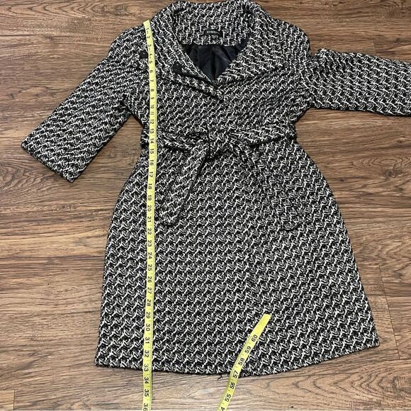 Bebe Wool Blend Belted Coat Snap Buttons Black White Metallic Silver Threads Sm - Picture 15 of 17